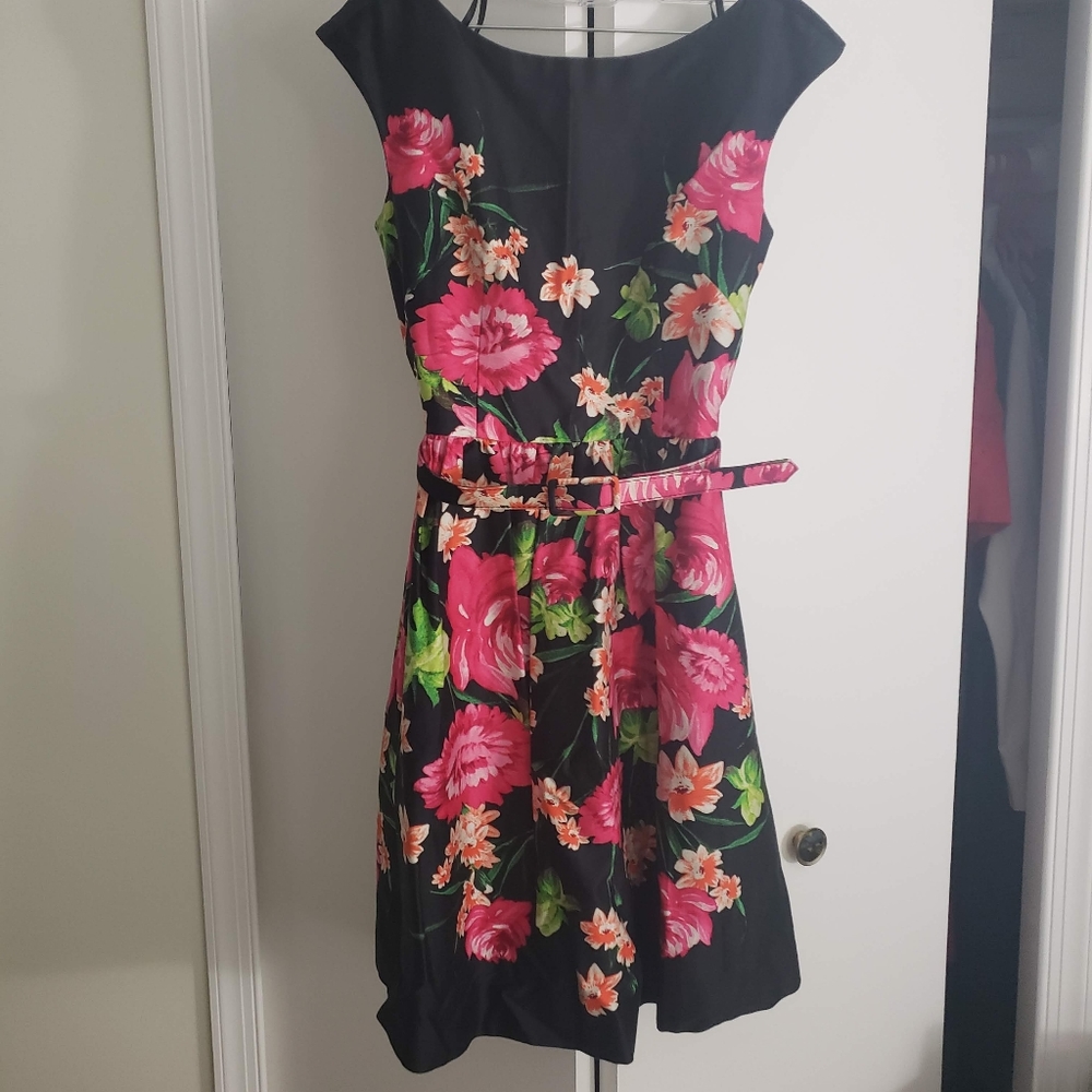 Eliza J Cap Sleeve Floral Belted Fit & Flare